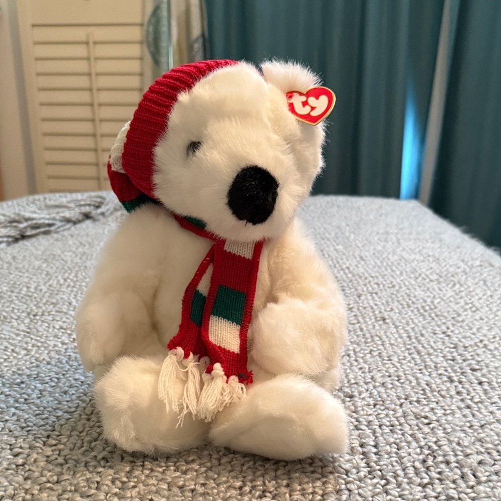 Ty Plush Polar Bear with Festive Red Scarf